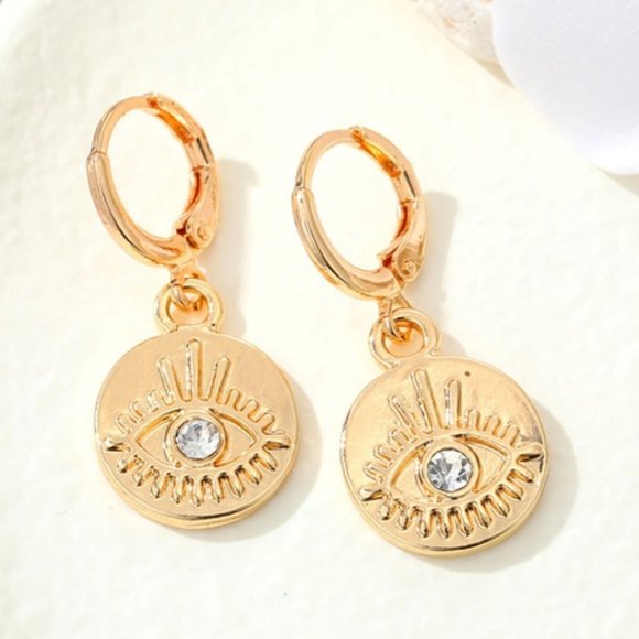 Jewelry - DESIGNER EVIL EYE GOLD/CLEAR CRYSTAL ROUND DISC HOOP EARRINGS**NEW!